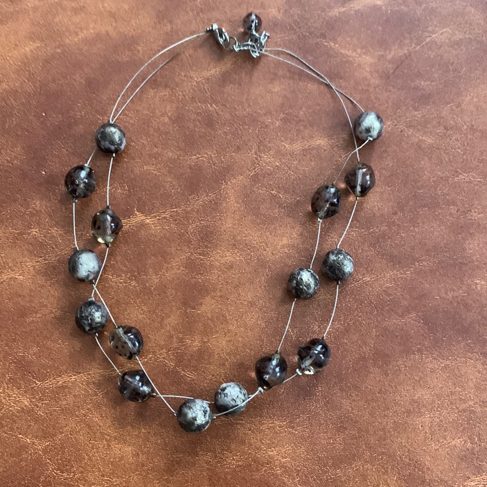 Handcrafted double string wire and glass beaded necklace black and gold
